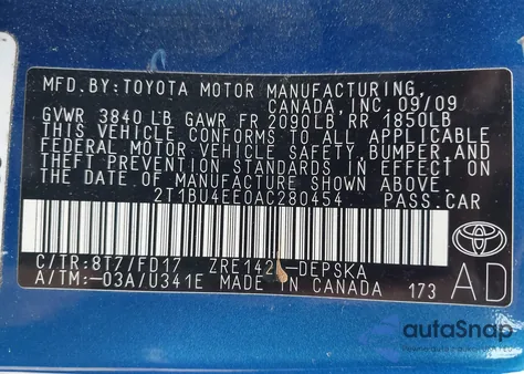 2010 Toyota Corolla S из США, поврежденный, VIN 2T1BU4EE0AC280454